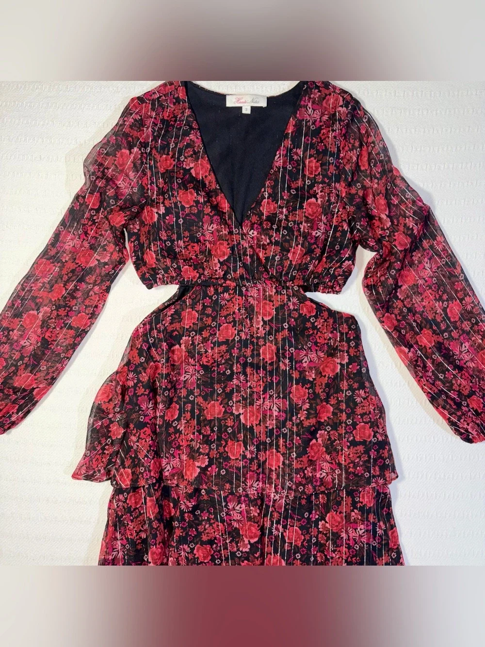 Haute Nites Floral Tiered Cutout Maxi Dress Small Flowy Fairy Party Going Out - Picture 4 of 13